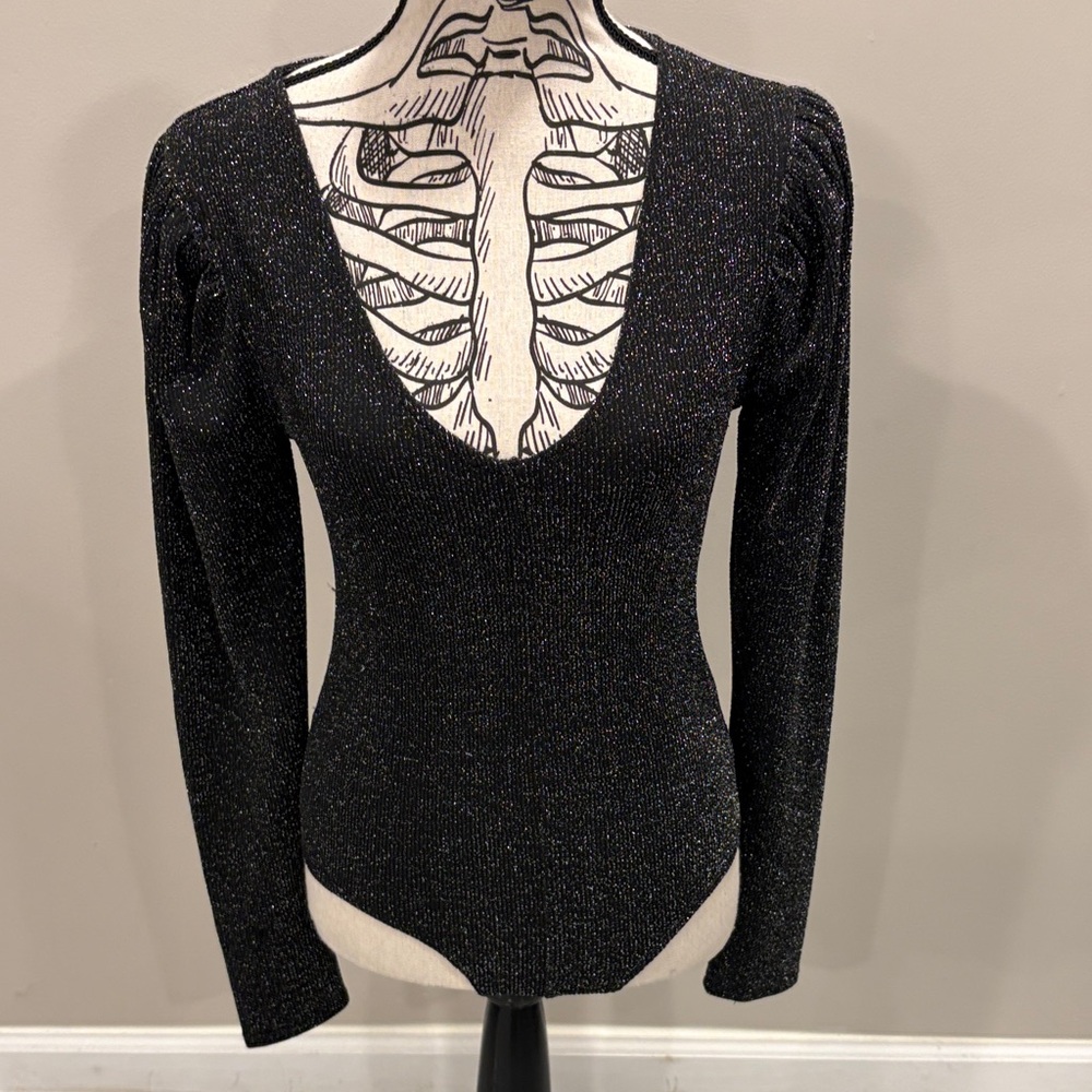 PAIGE Metallic Lurex Samina Puffed Shoulder Sparkle Bodysuit NWOT